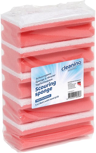 Scouring sponge Cleaninq with handle 140x70x42mm red/white 5 pieces