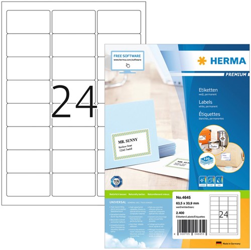 Etiquette HERMA Premium 4645 63,5x33,9mm blanc 2400 pièces